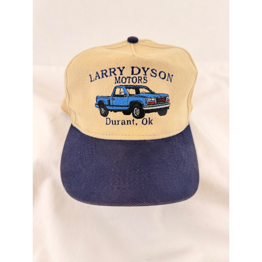 Otto Cap Larry Dyson Motors Trucker Hat Tan Navy Blue Vintage Adjustable Cotton